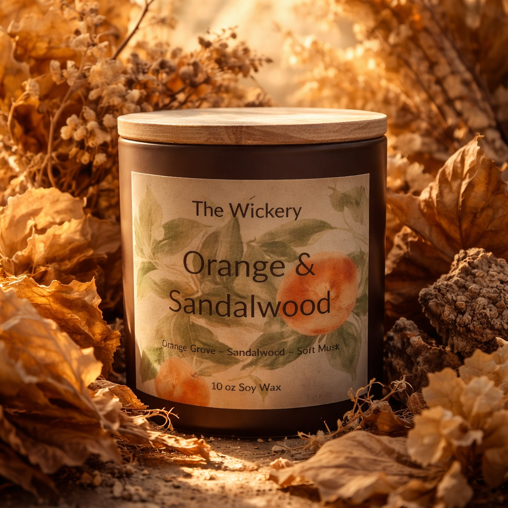 Orange and Sandalwood Candle 10 oz Citrus Wood Scented Soy Candle Warm Earthy Home Fragrance The Wickery