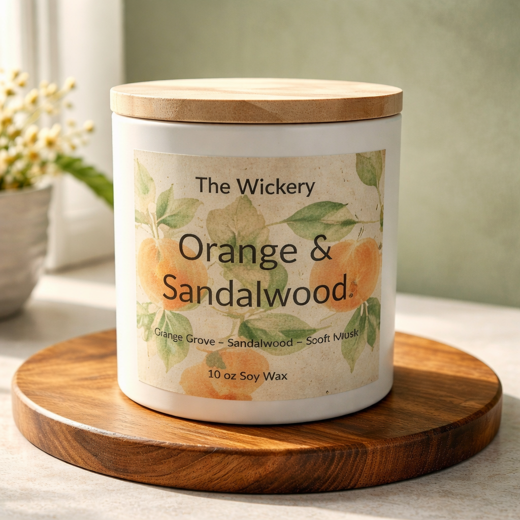 Orange and Sandalwood Candle 10 oz Citrus Wood Scented Soy Candle Warm Earthy Home Fragrance The Wickery