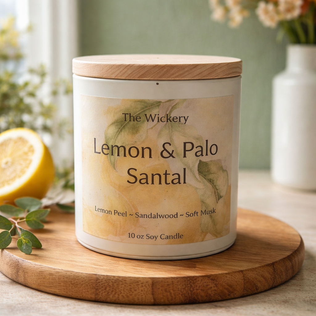Lemon and Palo Santo Candle 10 oz Fresh Citrus and Wood Scented Soy Candle Clean Earthy Home Fragrance Spiritual Gift The Wickery