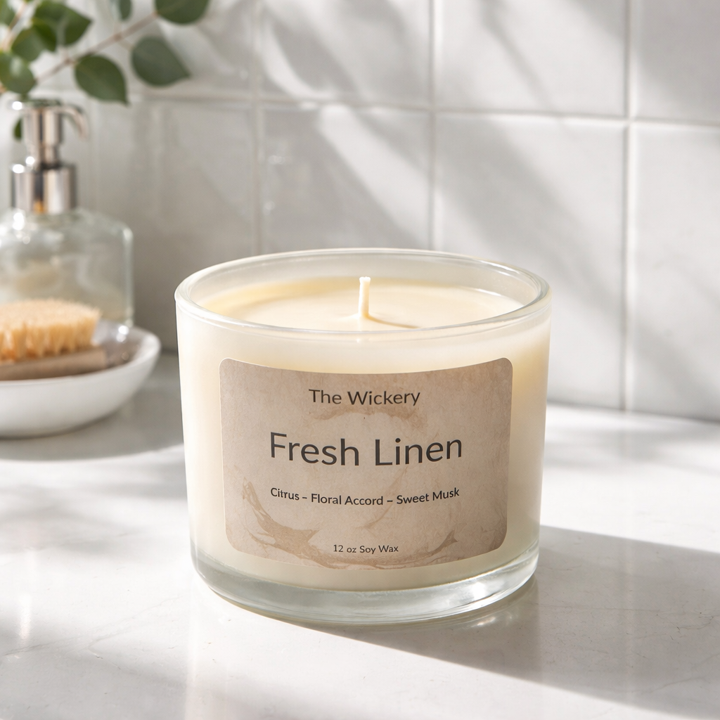 Fresh Linen Candle 12 oz Clean Laundry Scented Soy Candle Spring Laundry Fragrance Minimalist Home Decor Gift for Her The Wickery