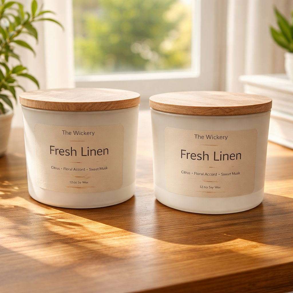Fresh Linen Candle 12 oz Clean Laundry Scented Soy Candle Spring Laundry Fragrance Minimalist Home Decor Gift for Her The Wickery