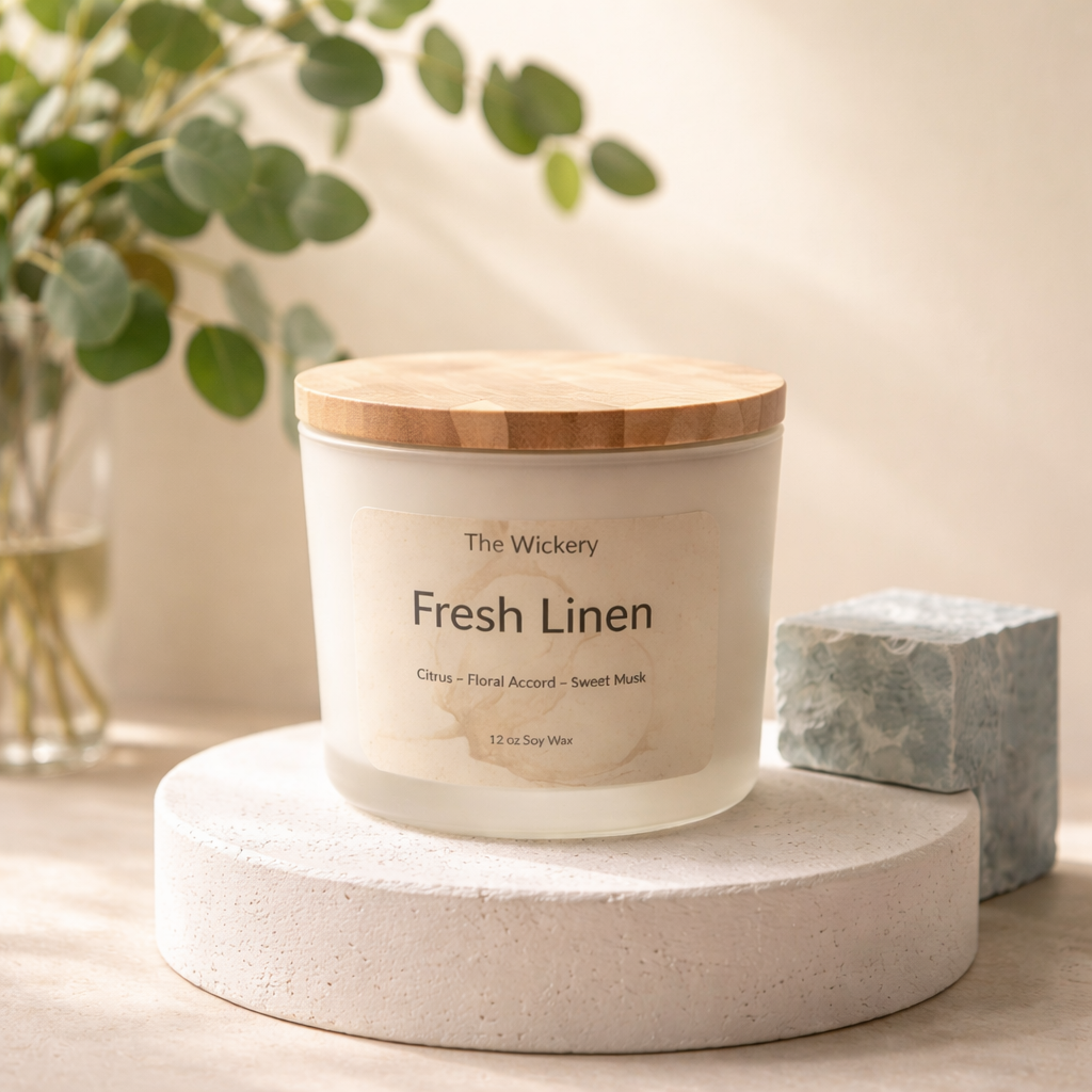 Fresh Linen Candle 12 oz Clean Laundry Scented Soy Candle Spring Laundry Fragrance Minimalist Home Decor Gift for Her The Wickery