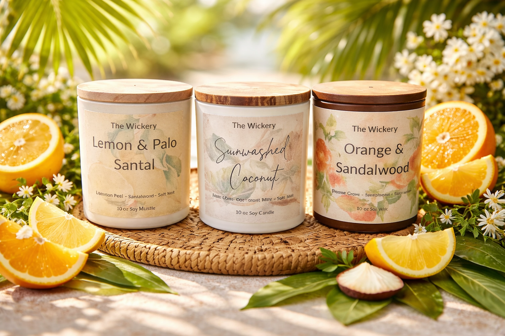 Citrus Candle Trio Set 3 Soy Candles Lemon Palo Santal Sunwashed Coconut Orange Sandalwood Bundle Gift Set The Wickery