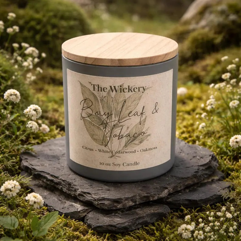 Bay Leaf Tobacco Candle | Earthy Herbal Rustic Home Fragrance | Hand Poured Soy Candle