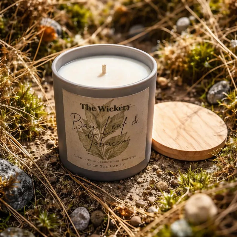 Bay Leaf Tobacco Candle | Earthy Herbal Rustic Home Fragrance | Hand Poured Soy Candle