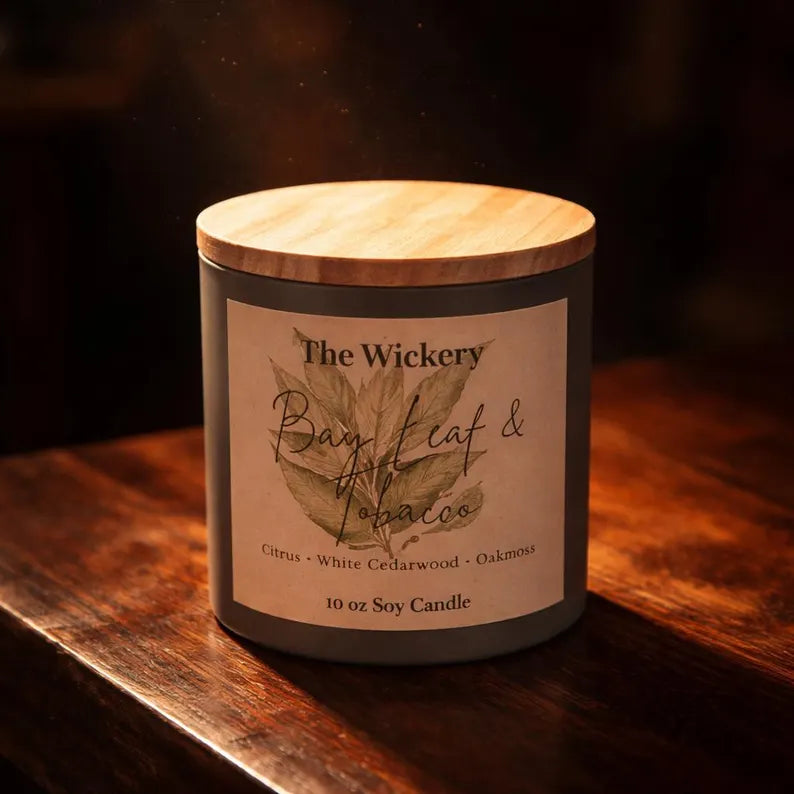 Bay Leaf Tobacco Candle | Earthy Herbal Rustic Home Fragrance | Hand Poured Soy Candle