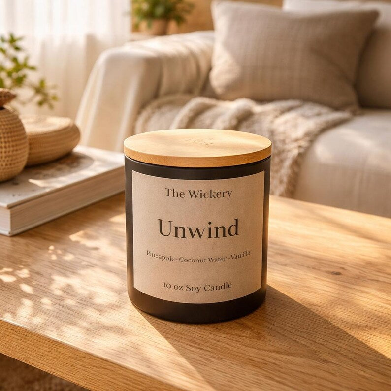 Unwind – Relaxing Soy Candle | Pineapple, White Tea & Sandalwood | Hand Poured by The Wickery