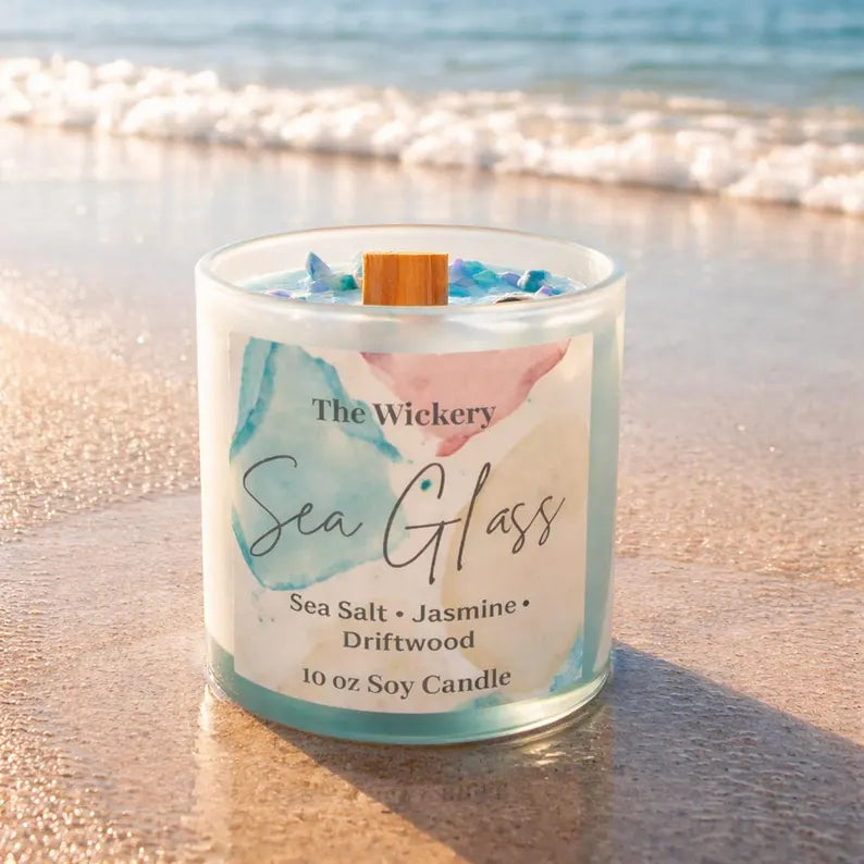 Sea Glass Soy Candle | Coastal Beach Decor, Tidal Wave Scent, Driftwood Jasmine Sea Salt