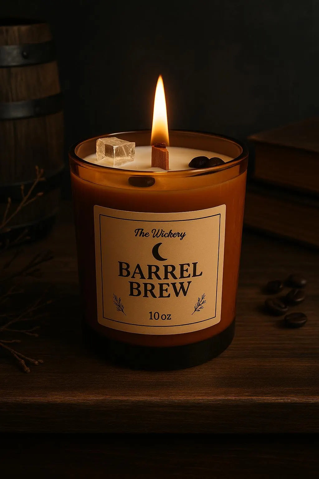 Whiskey Coffee Scented Soy Candle: Barrel Brew with Wood Wick