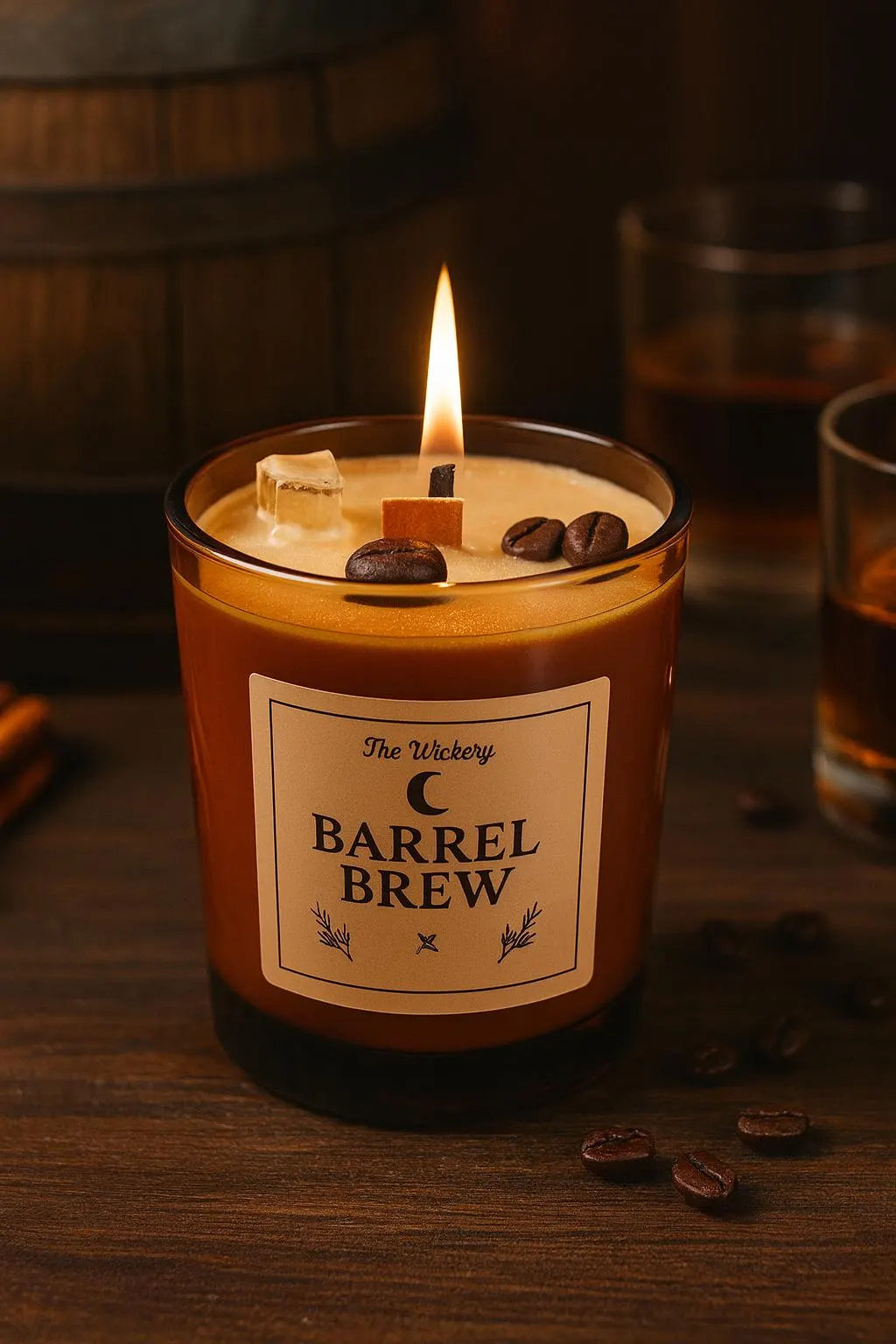 Whiskey Coffee Scented Soy Candle: Barrel Brew with Wood Wick