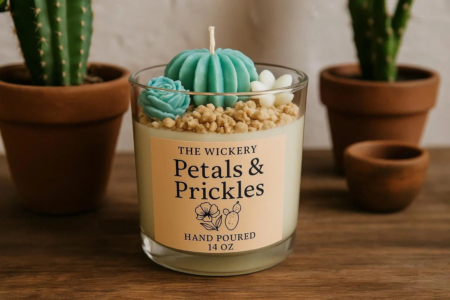 Floral & Cactus Candle: 14 oz Soy Coconut Wax, Unique Home Decor