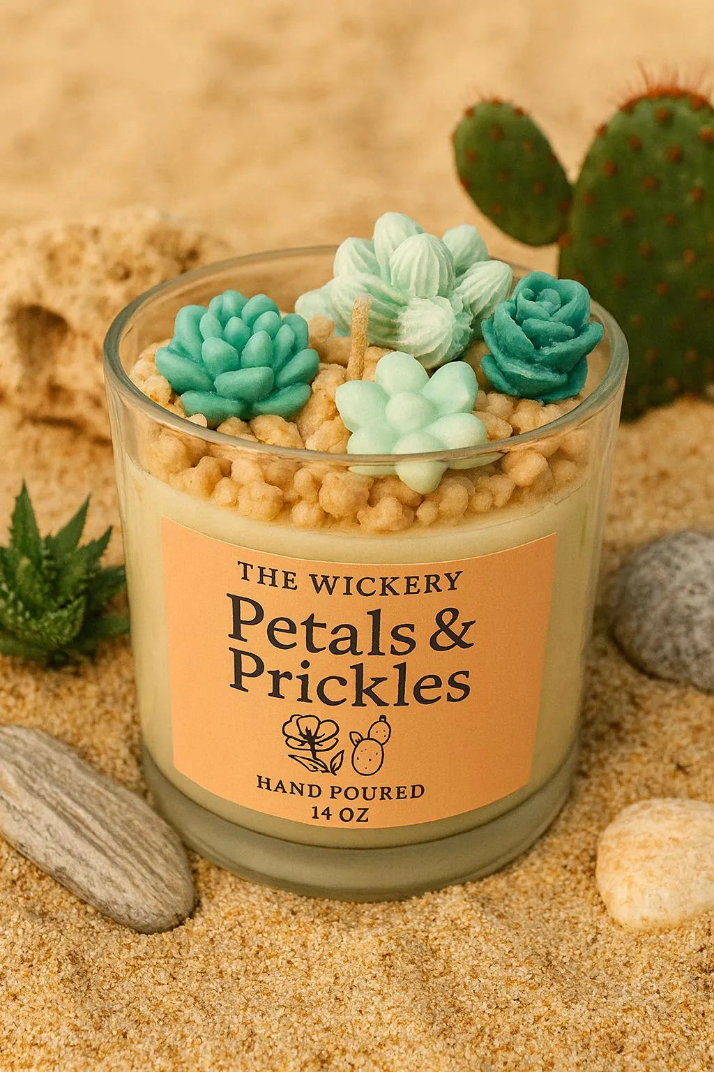 Floral & Cactus Candle: 14 oz Soy Coconut Wax, Unique Home Decor