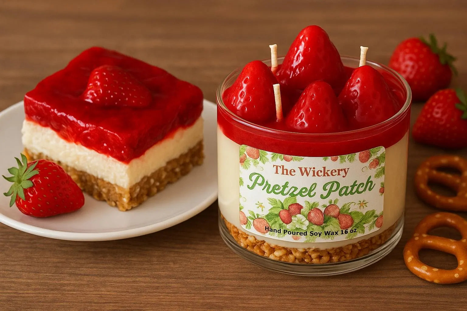 Strawberry Pretzel Dessert Candle, Layered Bakery Scent, 16 oz Hand Poured Soy