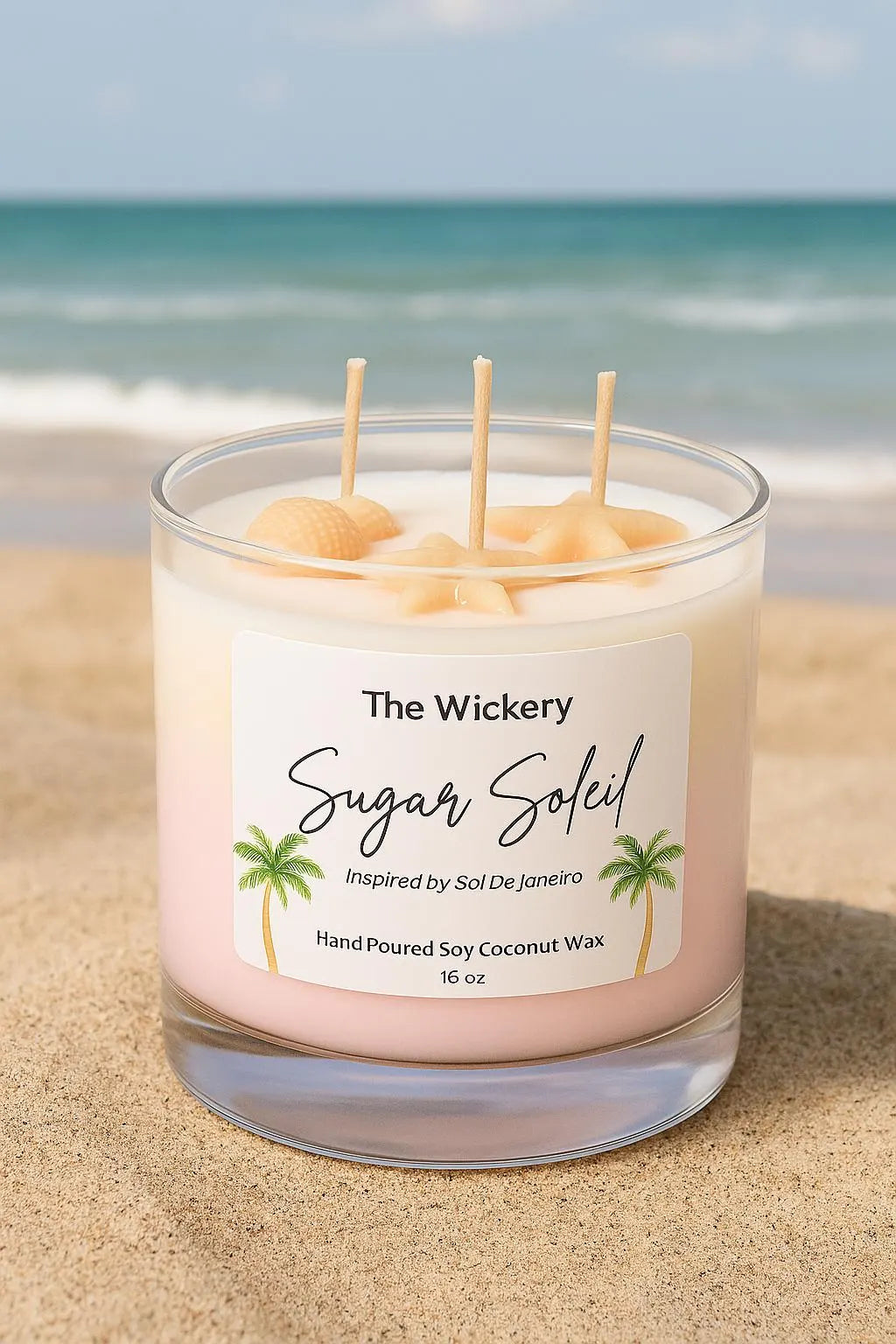 Sugar Soleil Candle – Beach Scented Soy Coconut Wax, Seashell Embeds