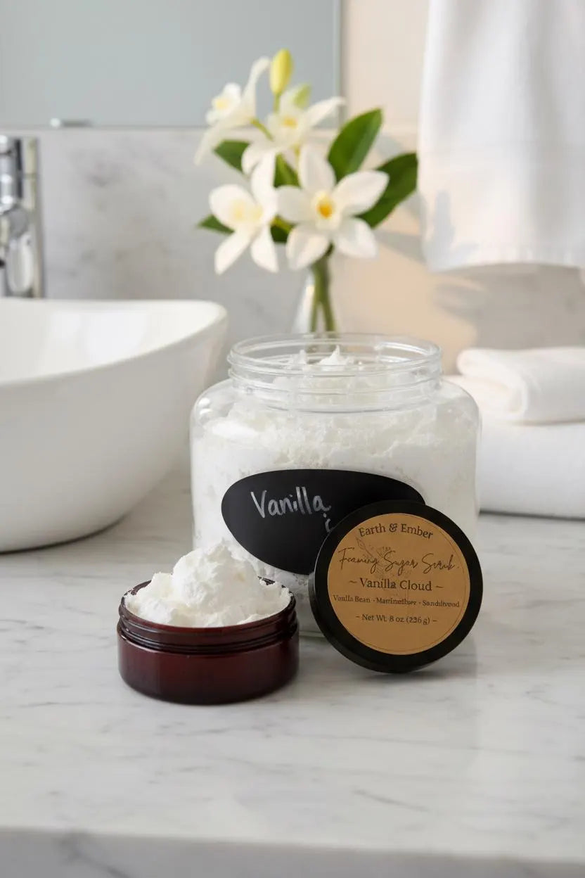 Whipped Foaming Sugar Scrub Exfoliating Body Scrub Moisturizing Handmade Skincare Earth and Ember