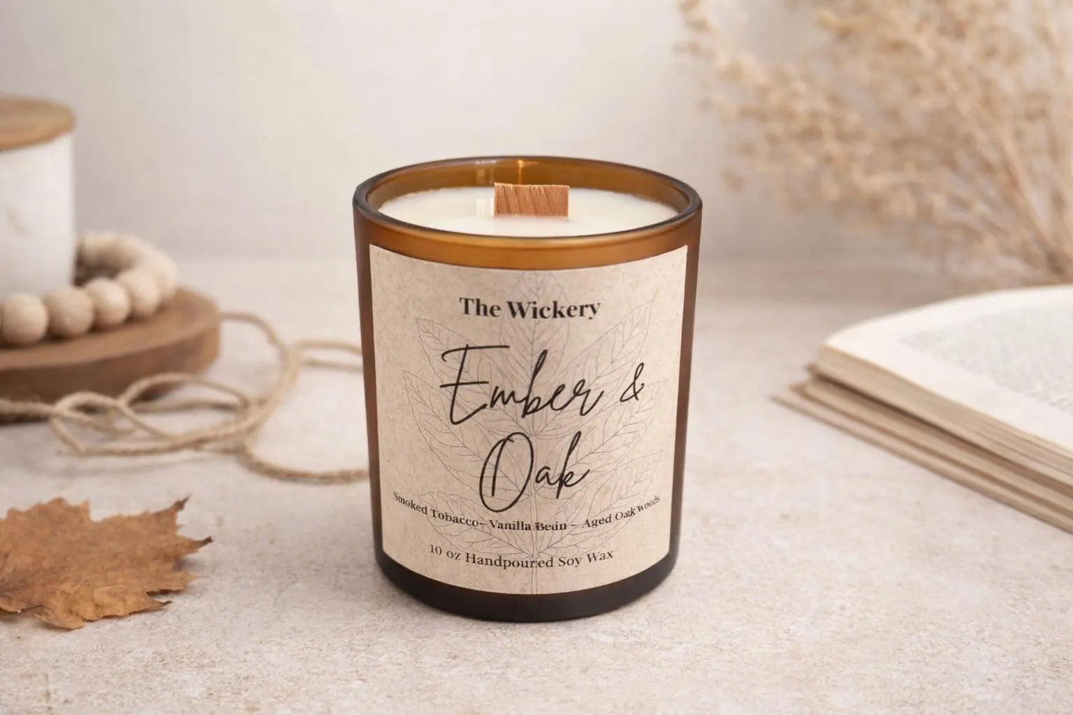 Ember and Oak Soy Candle Tobacco Vanilla Inspired Smoked Tobacco Warm Vanilla Wood Wick Candle Cozy Masculine Scent