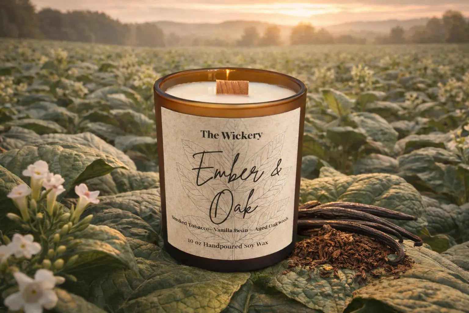 Ember and Oak Soy Candle Tobacco Vanilla Inspired Smoked Tobacco Warm Vanilla Wood Wick Candle Cozy Masculine Scent