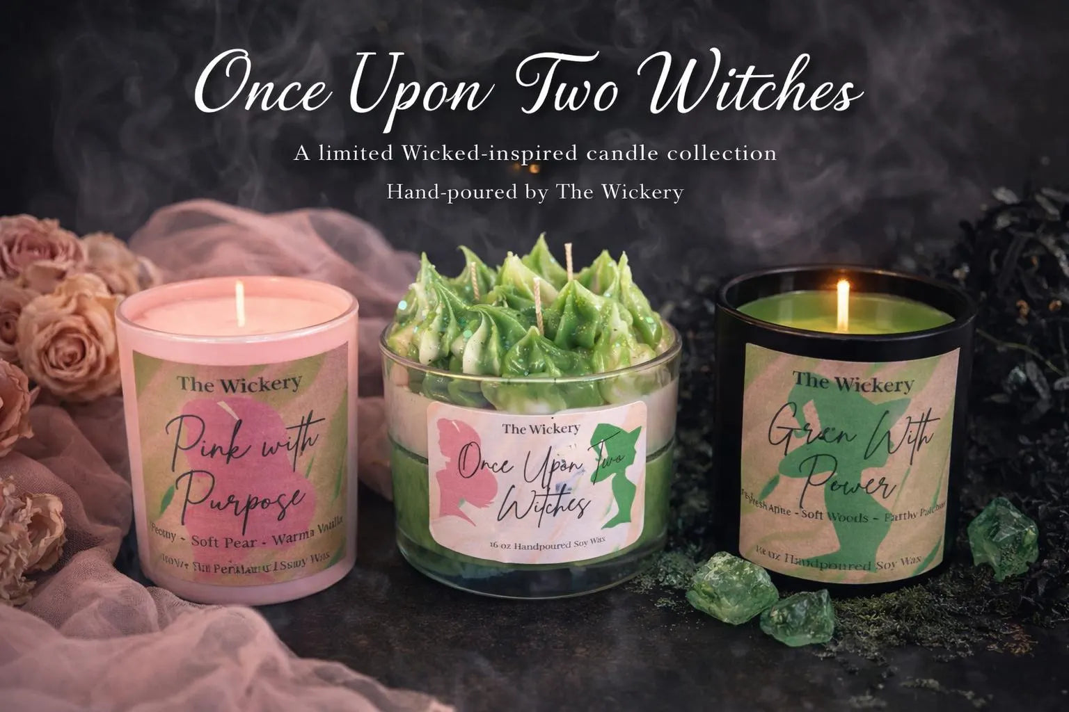 Wicked-Inspired Candle Collection | Once Upon Two Witches Candle Set | Pink & Green Witch Candles | Hand-Poured Soy Candles