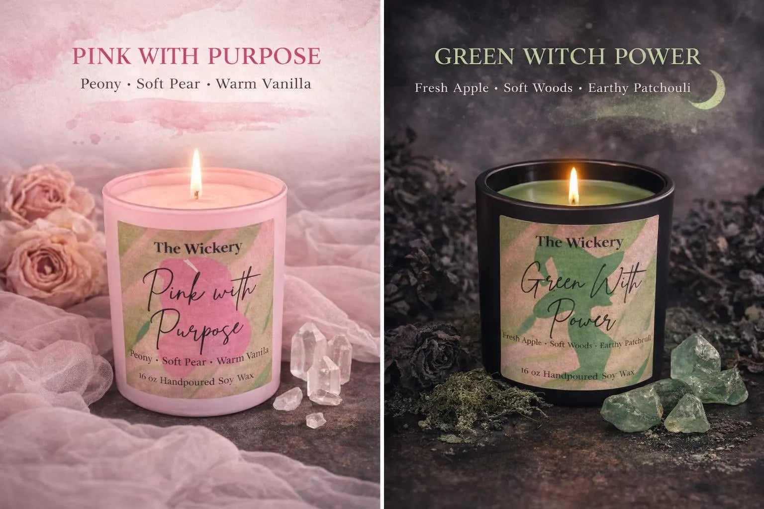 Wicked-Inspired Candle Collection | Once Upon Two Witches Candle Set | Pink & Green Witch Candles | Hand-Poured Soy Candles