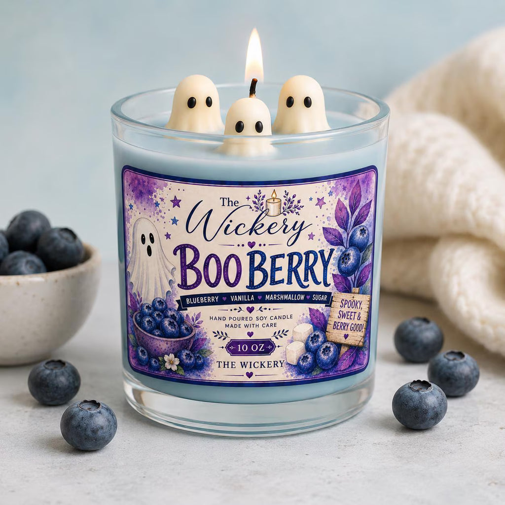Boo Berry Halloween Candle Blueberry Scented Ghost Candle in Clear Jar