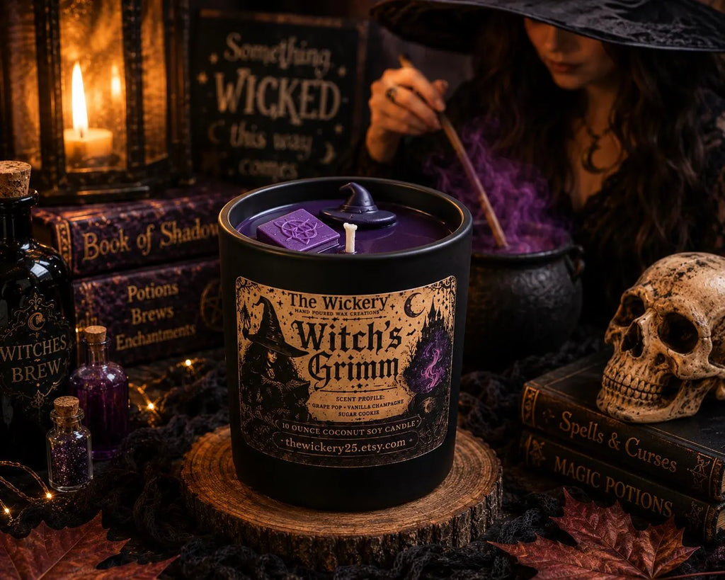 Witch’s Grimm Halloween Candle | Black Cherry, Patchouli, Vanilla Bean, Cedarwood (10 oz Coconut Soy)