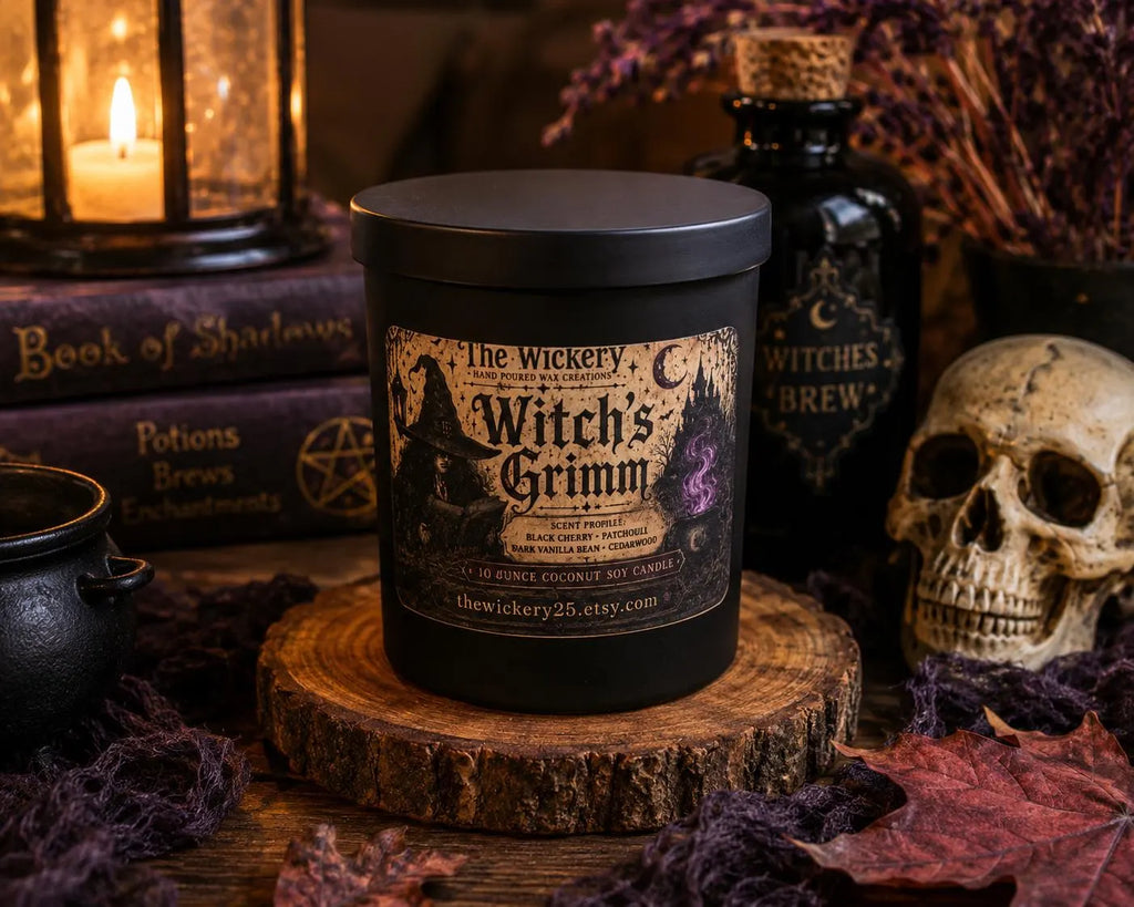 Witch’s Grimm Halloween Candle | Black Cherry, Patchouli, Vanilla Bean, Cedarwood (10 oz Coconut Soy)