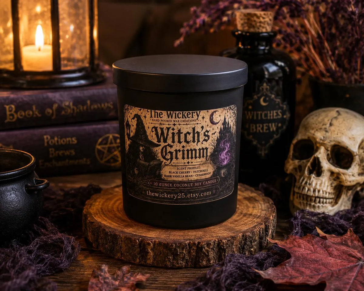 Witch’s Grimm Halloween Candle | Black Cherry, Patchouli, Vanilla Bean, Cedarwood (10 oz Coconut Soy)