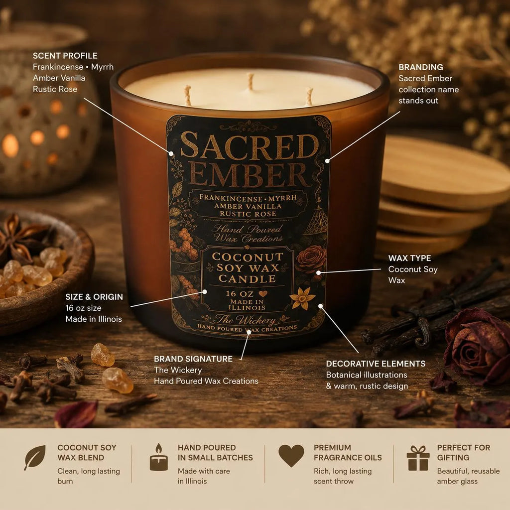 Sacred Ember Candle, Frankincense Myrrh Amber Vanilla Rustic Rose, 16 oz Coconut Soy (The Wickery)