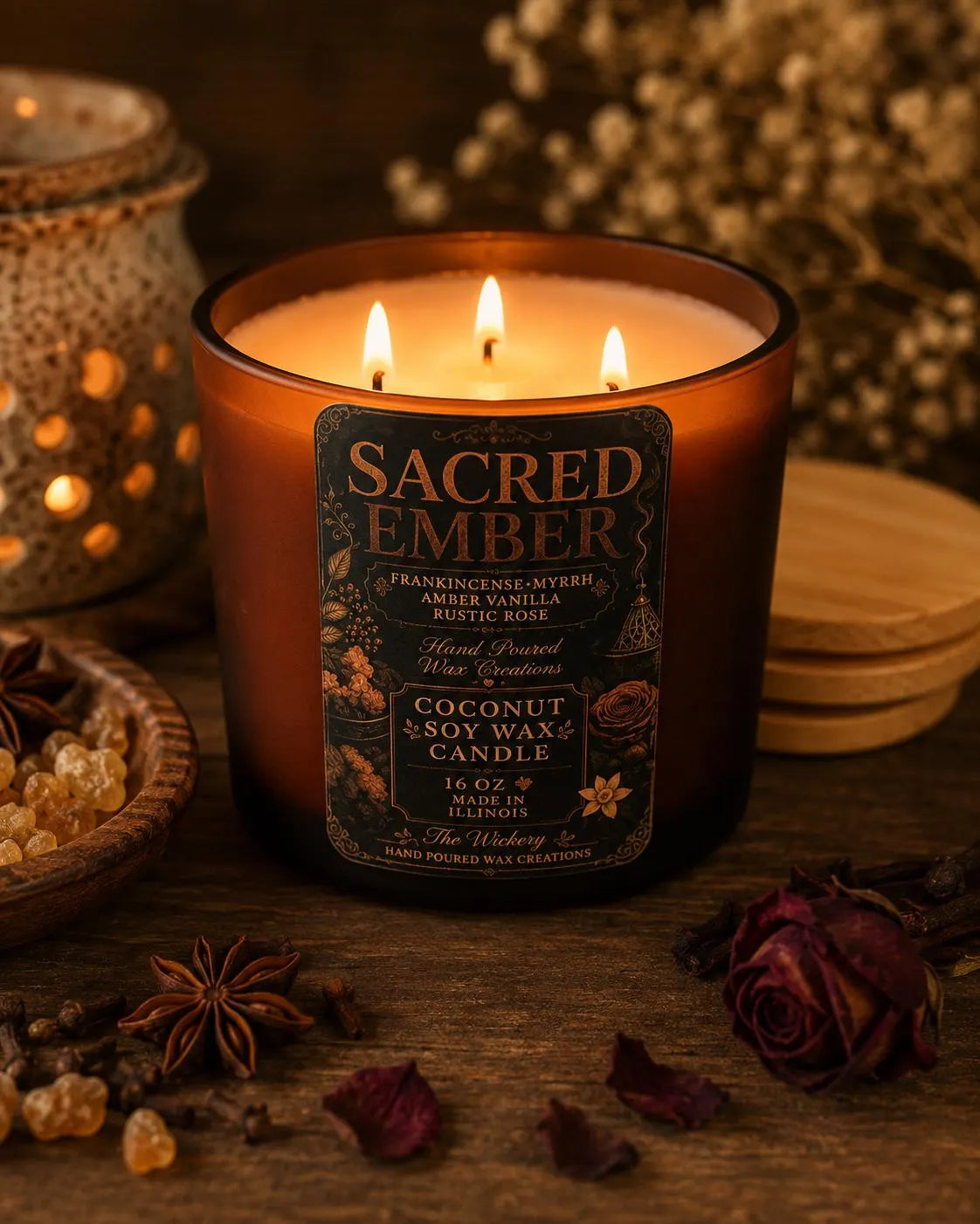 Sacred Ember Candle, Frankincense Myrrh Amber Vanilla Rustic Rose, 16 oz Coconut Soy (The Wickery)