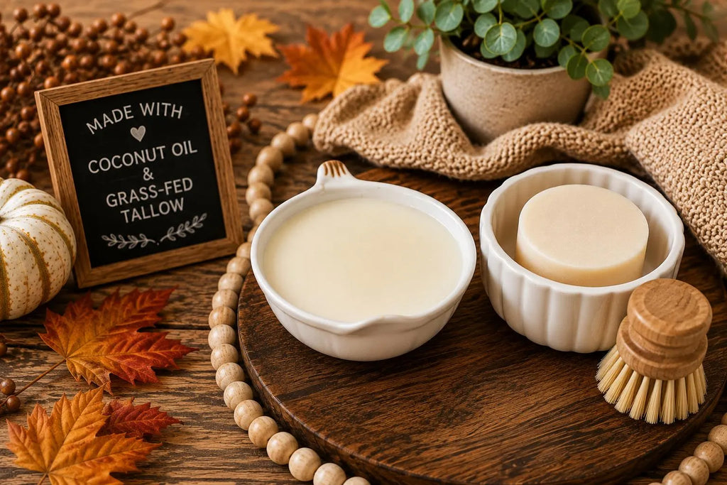 Handcrafted Tallow & Coconut Oil Dish Soap | Reusable Pumpkin Ramekin (Fall Kitchen Decor)
