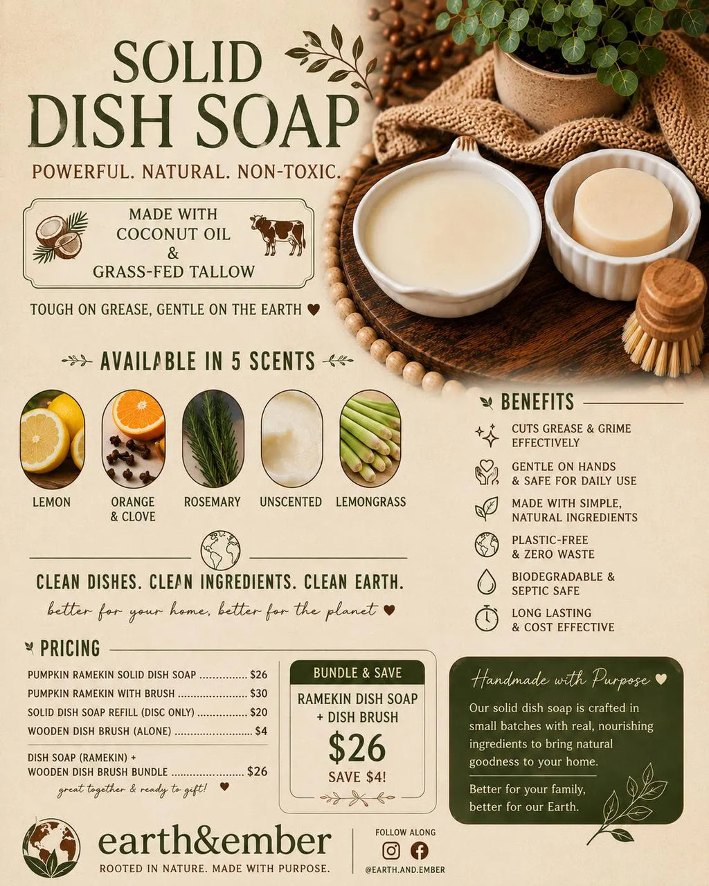 Handcrafted Tallow & Coconut Oil Dish Soap | Reusable Pumpkin Ramekin (Fall Kitchen Decor)