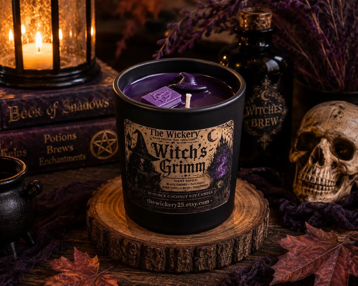 Witch’s Grimm Halloween Candle | Black Cherry, Patchouli, Vanilla Bean, Cedarwood (10 oz Coconut Soy)