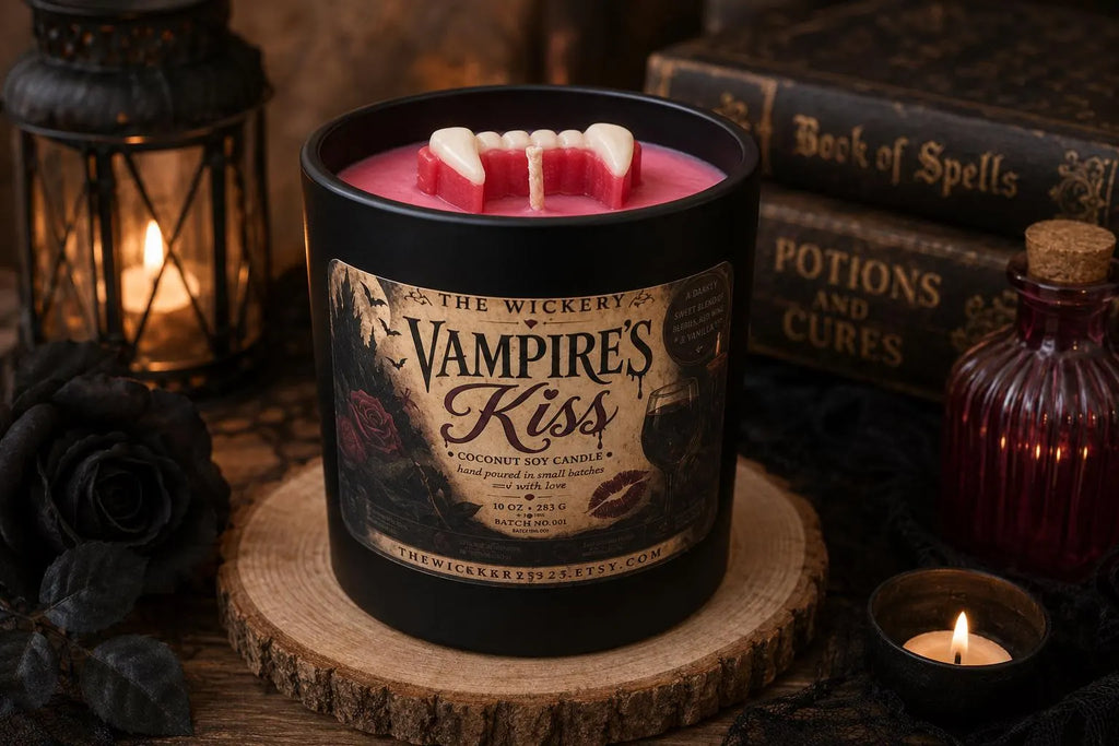 Vampire's Kiss Coconut Soy Candle – Gothic Halloween Decor, Berries Red Wine Vanilla Scent