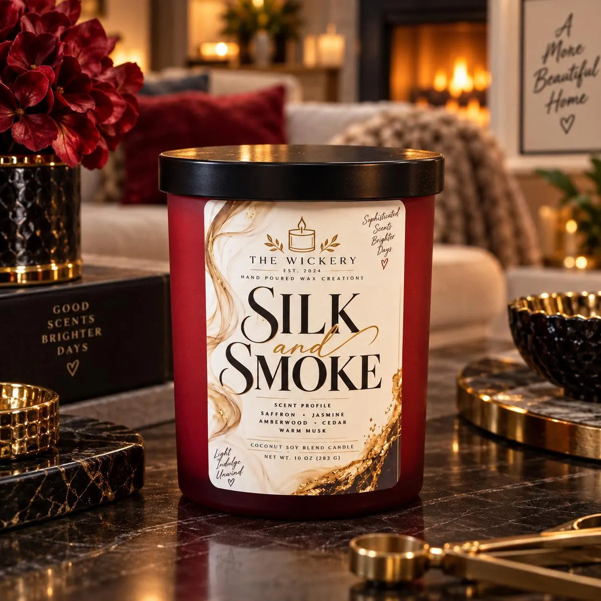 Silk & Smoke Candle | Amber Vanilla Woods Scent | 10 oz Soy Coconut Wax