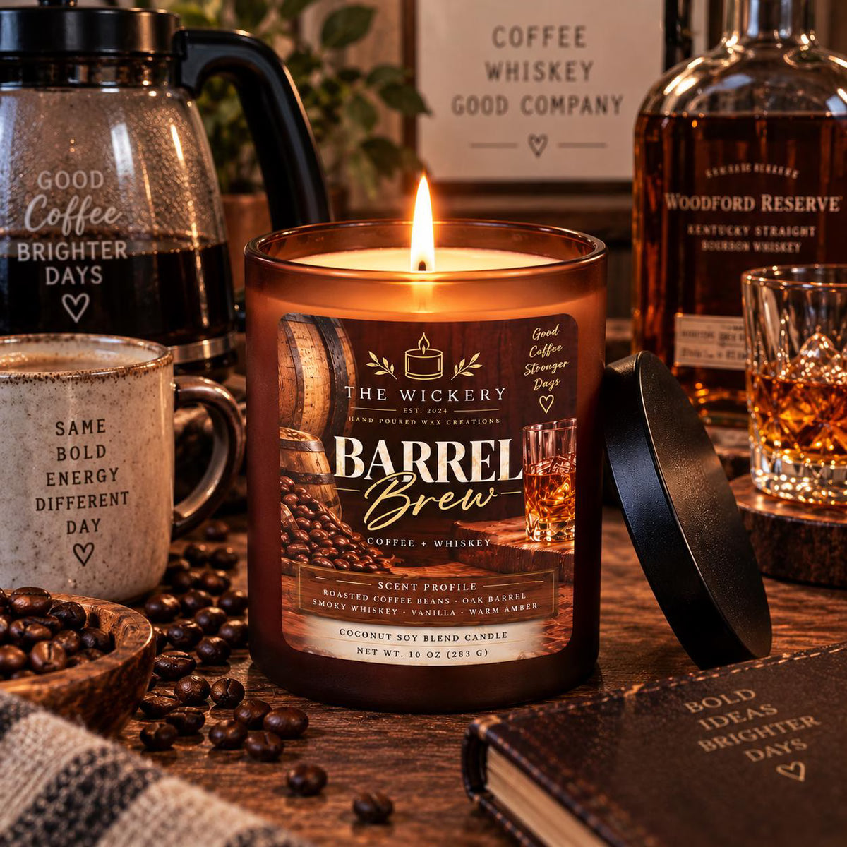 Whiskey Coffee Scented Soy Candle: Barrel Brew with Wood Wick