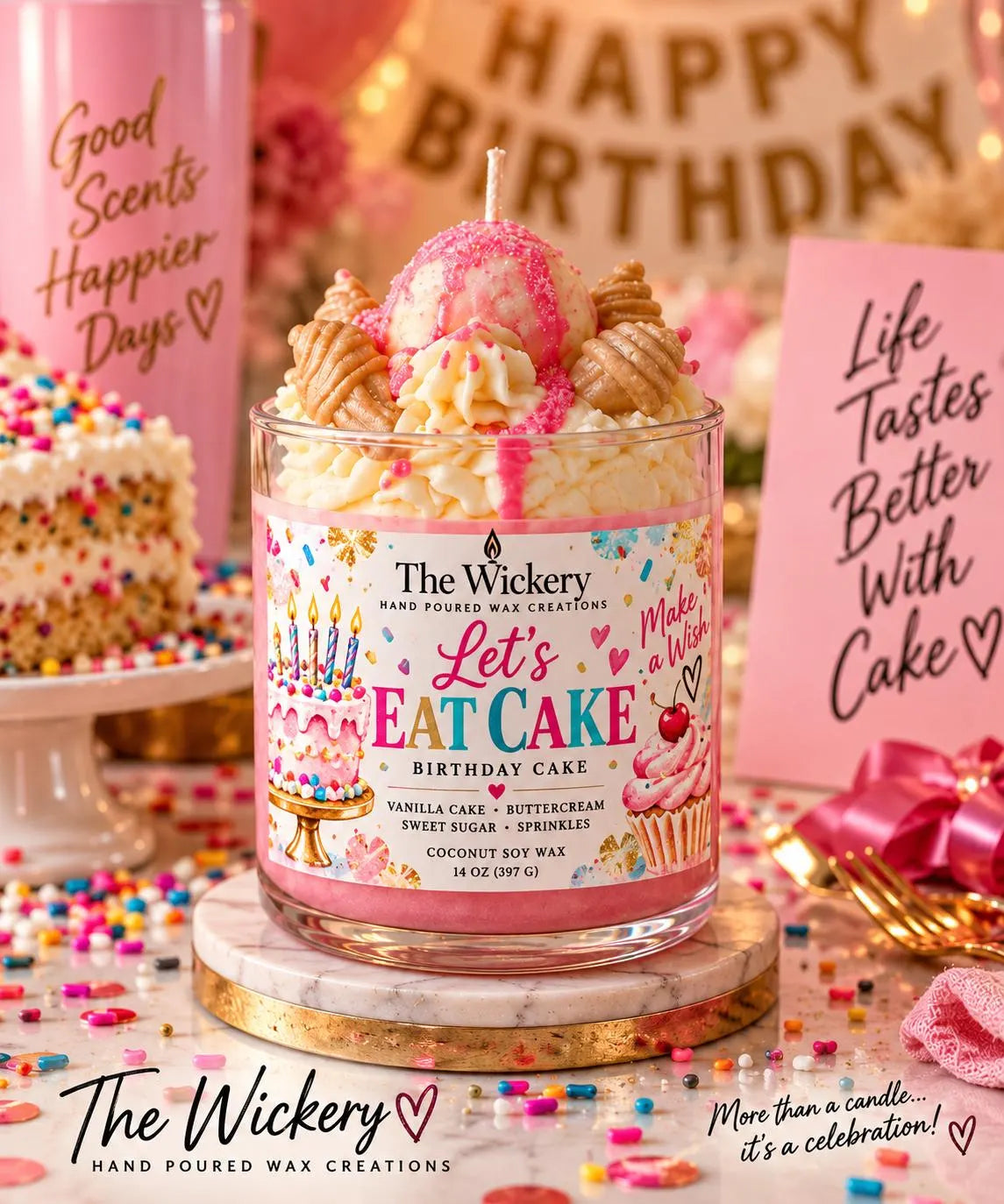 Vanilla Cake Candle: 16 oz Jar, Buttercream Frosting & Sprinkles