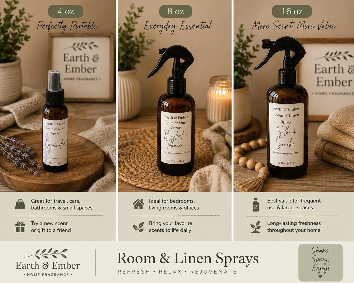 Room and Linen Spray, Home Fragrance Mist, Fabric Freshener, Scented Room Spray, Earth & Ember, 4 oz 8 oz 16 oz
