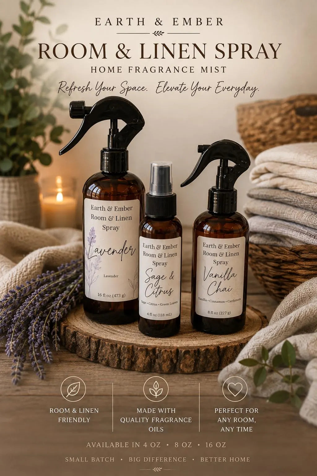 Room and Linen Spray, Home Fragrance Mist, Fabric Freshener, Scented Room Spray, Earth & Ember, 4 oz 8 oz 16 oz