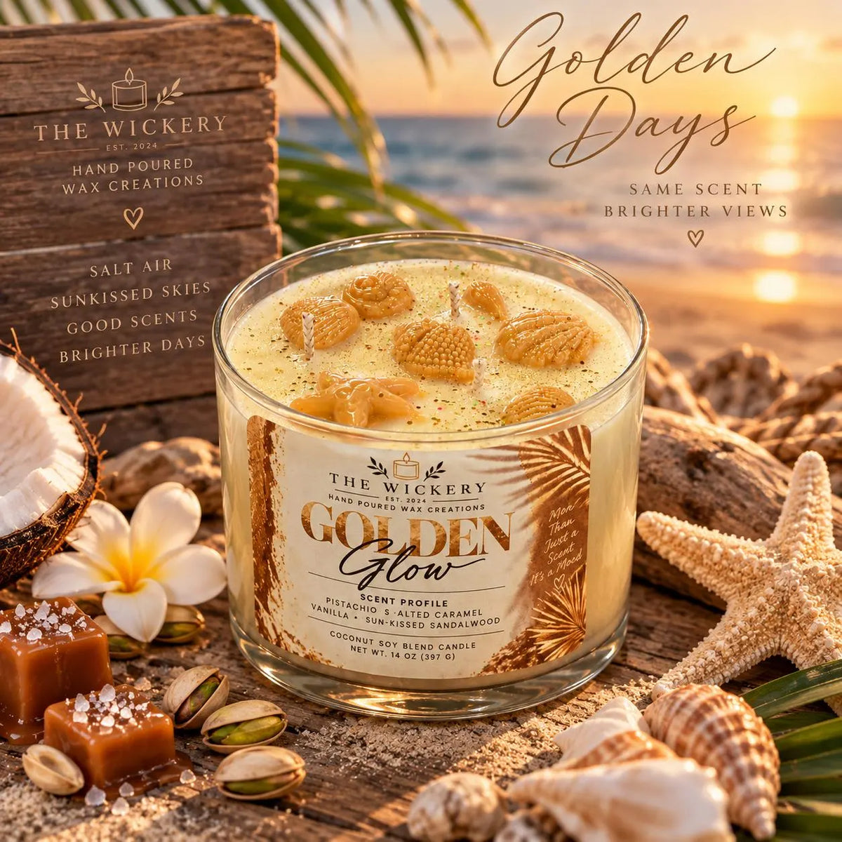 Golden Glow Candle: Vanilla Pistachio Caramel Beach Scent, Inspired by Cheirosa 62