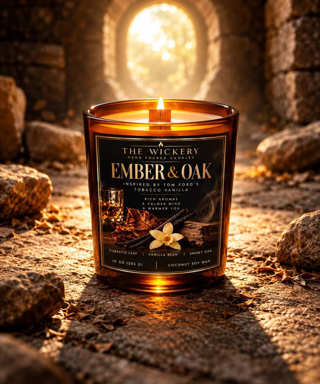 Ember and Oak Soy Candle Tobacco Vanilla Inspired Smoked Tobacco Warm Vanilla Wood Wick Candle Cozy Masculine Scent