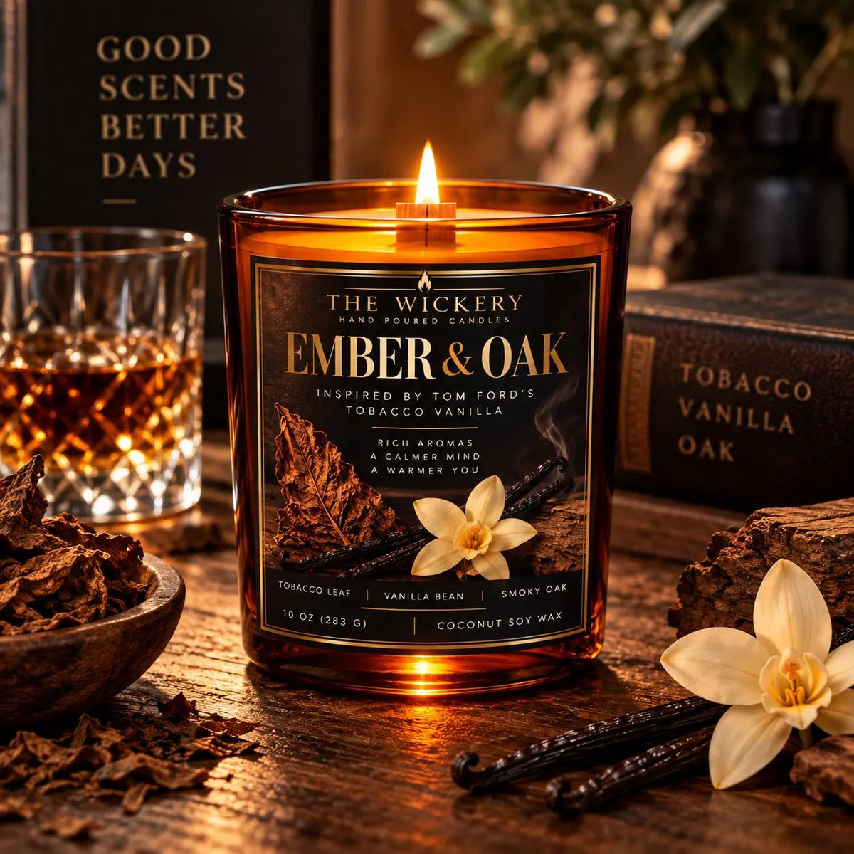 Ember and Oak Soy Candle Tobacco Vanilla Inspired Smoked Tobacco Warm Vanilla Wood Wick Candle Cozy Masculine Scent