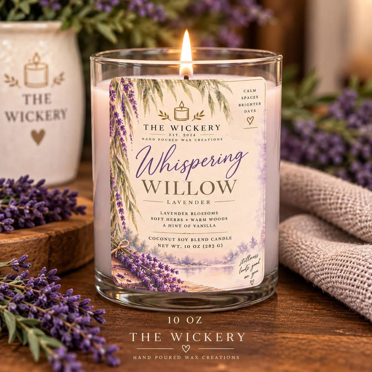 Whispering Willow Lavender Soy Candle | Coconut Blend, Soft Herbs, Warm Woods, Vanilla (10 or 14 oz)