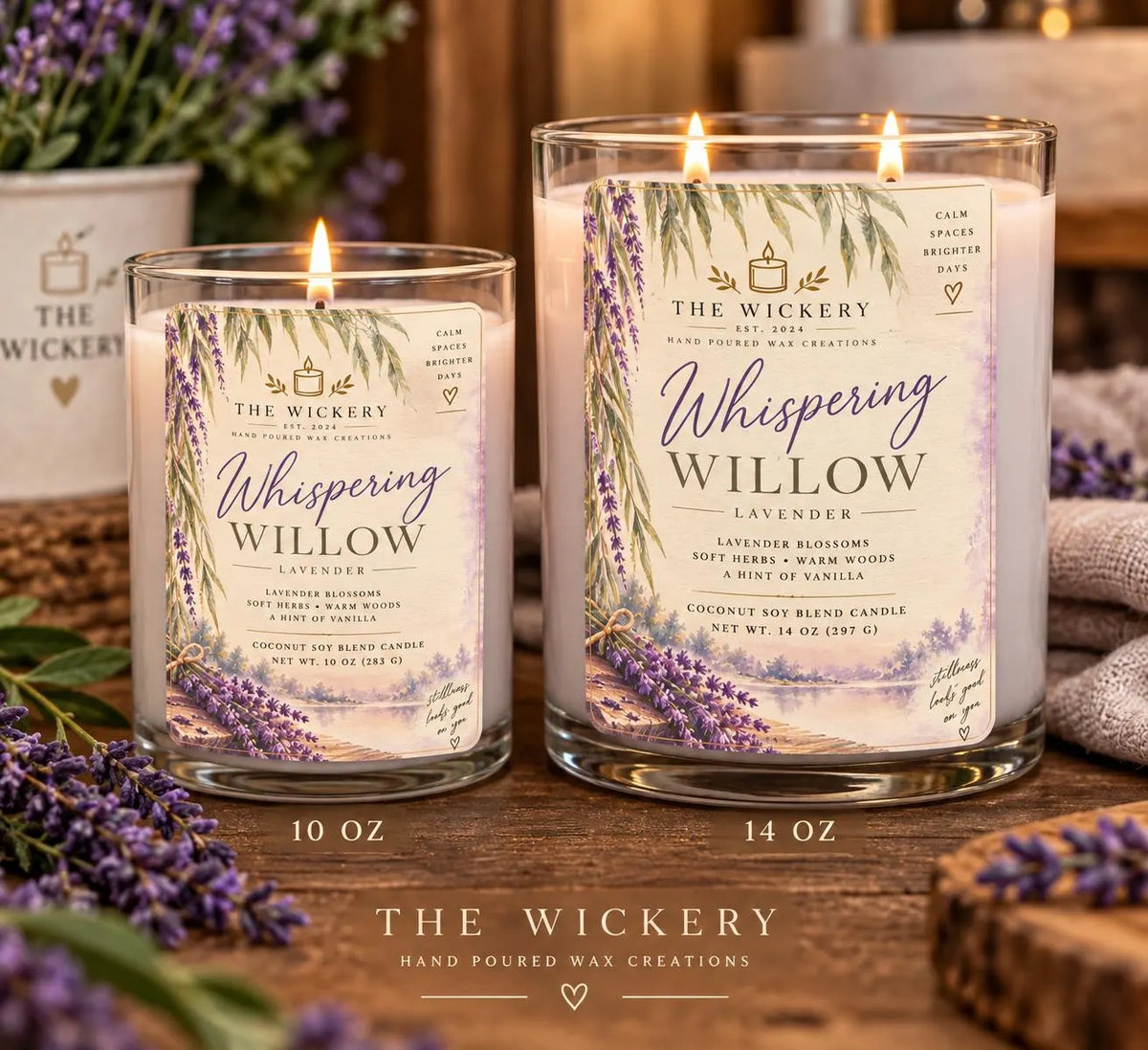 Whispering Willow Lavender Soy Candle | Coconut Blend, Soft Herbs, Warm Woods, Vanilla (10 or 14 oz)