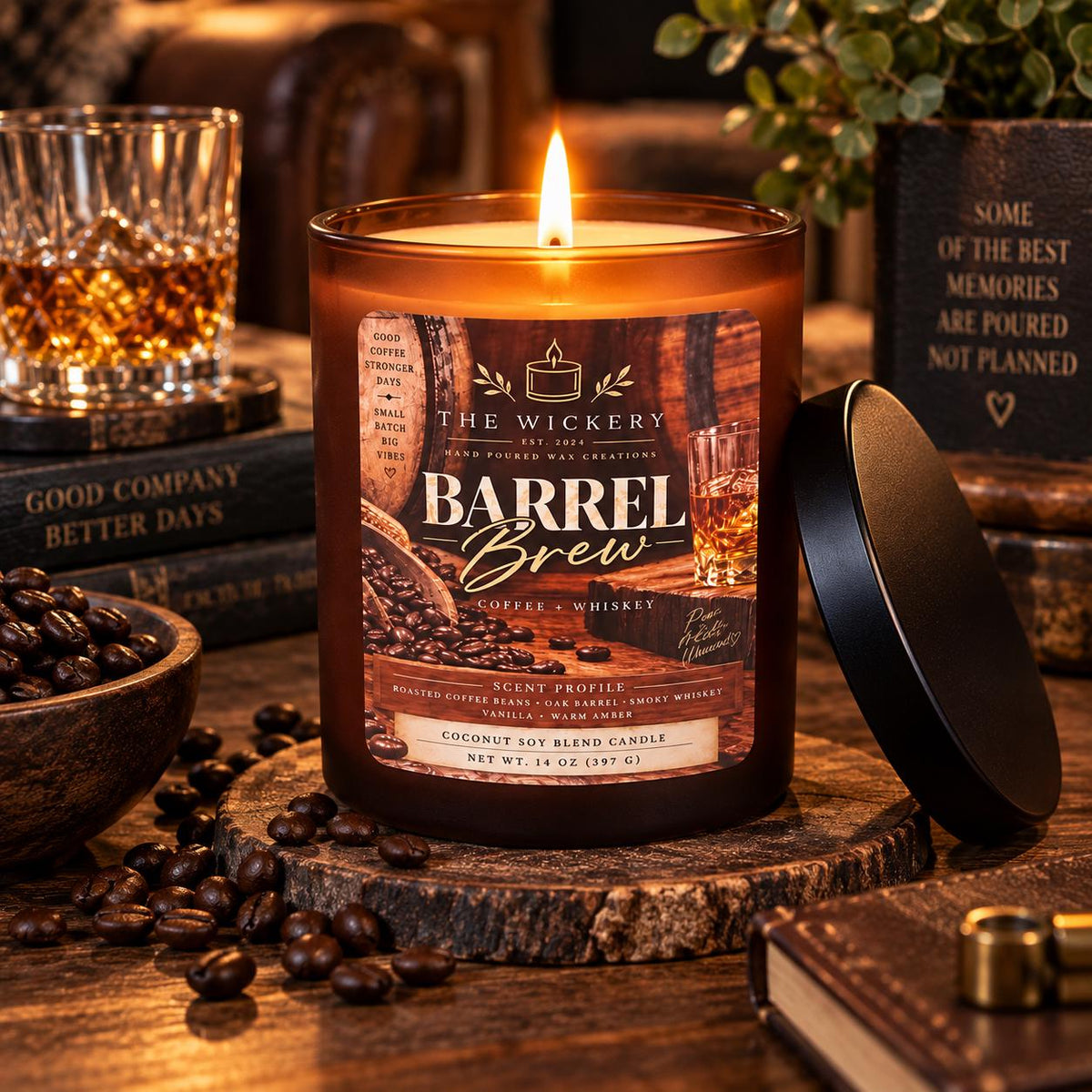 Whiskey Coffee Scented Soy Candle: Barrel Brew with Wood Wick