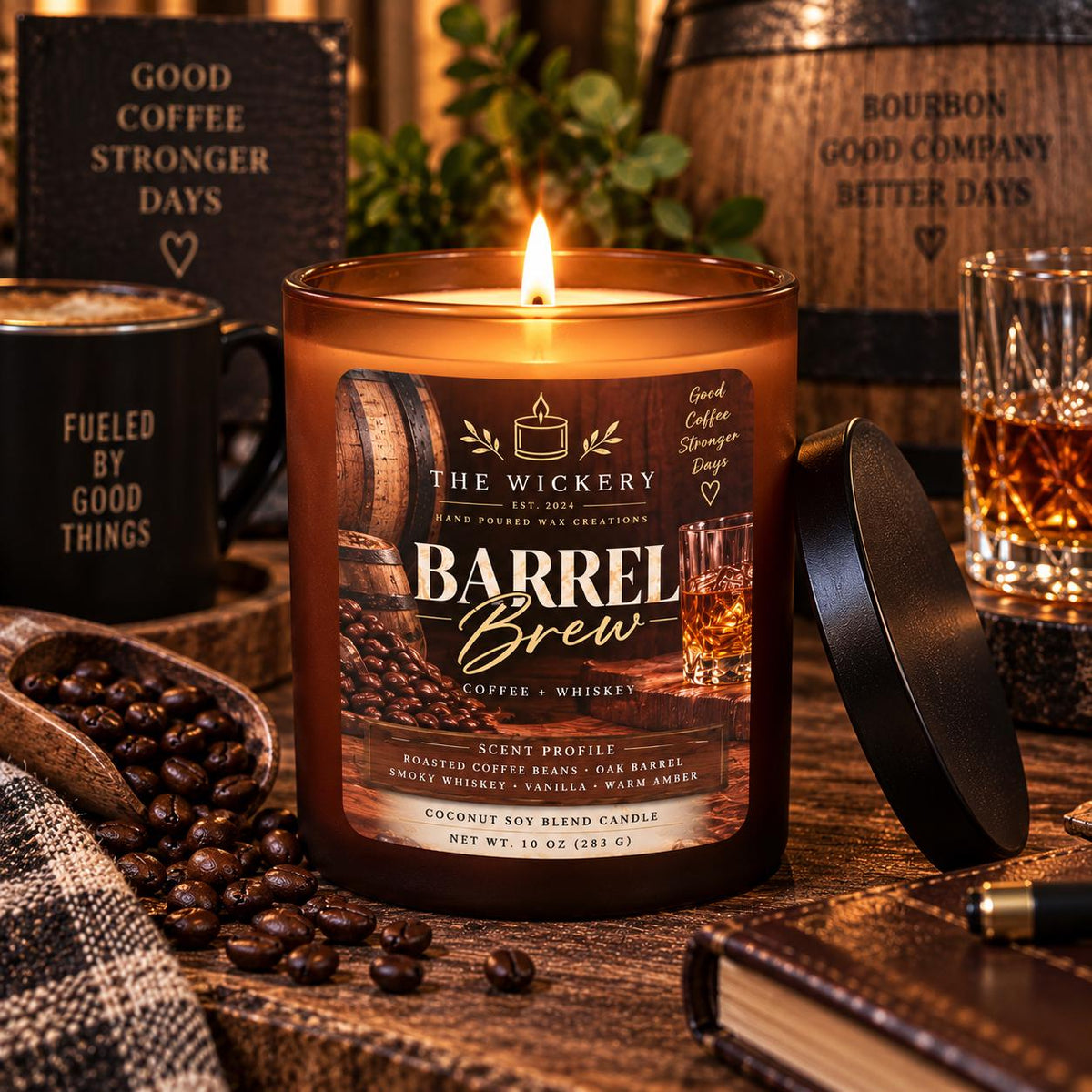Whiskey Coffee Scented Soy Candle: Barrel Brew with Wood Wick