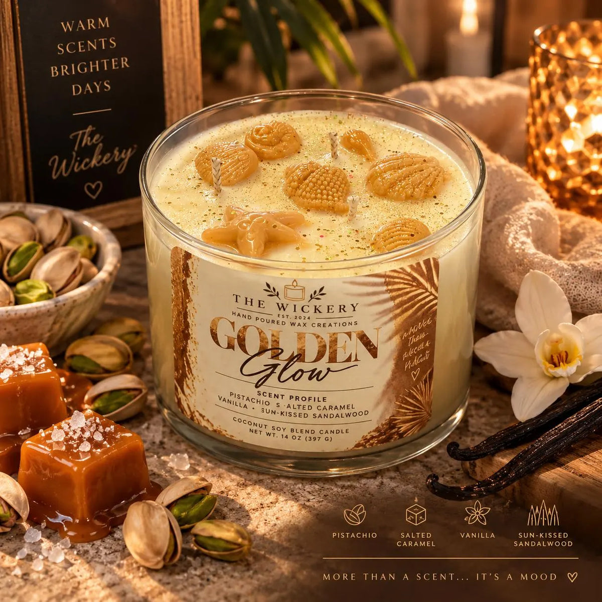 Golden Glow Candle: Vanilla Pistachio Caramel Beach Scent, Inspired by Cheirosa 62