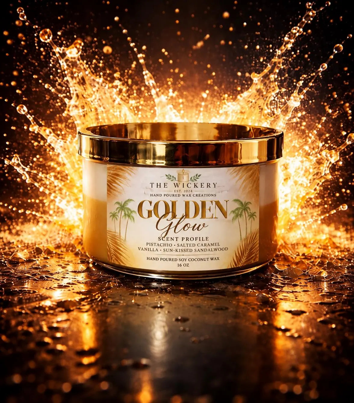 Golden Glow Candle: Vanilla Pistachio Caramel Beach Scent, Inspired by Cheirosa 62